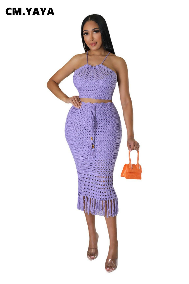 CM.YAYA Beach Knit See Though női két 2 részes szett ruhák Halter Neck Crop Top és Tassel Midi szoknya öltöny 2023 új ruhakészlet