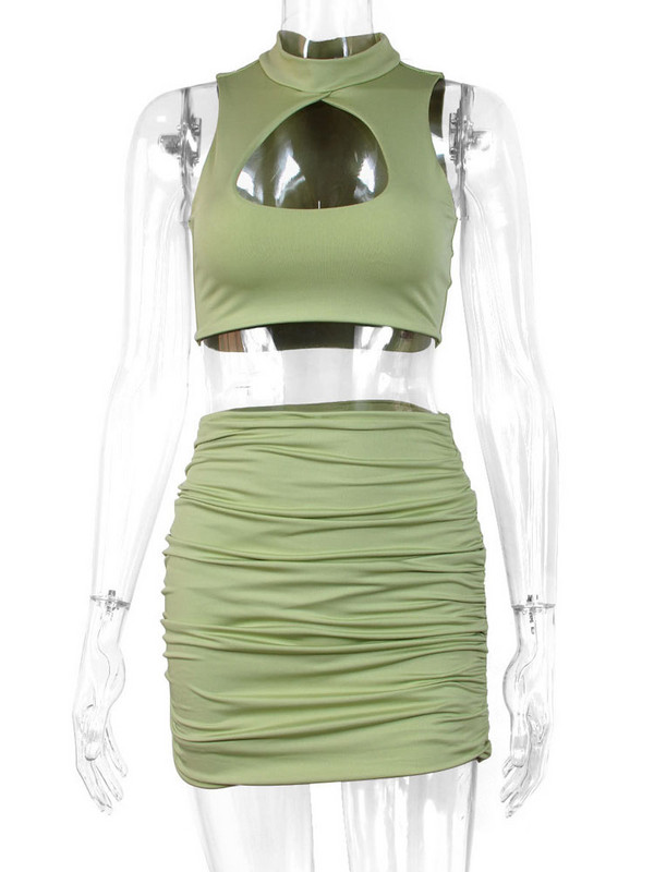 Fairyshely 2 DB szexi fodros mini ruha szett 2024 Green Deep V felső nyári szoknyák öltönyök Bodycon női party feszes rövid ruha öltöny