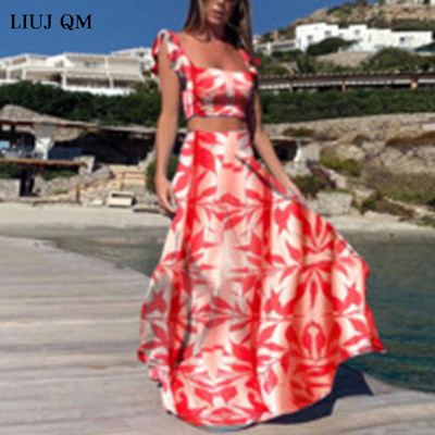 Nagy méretű nyári 2 részes szett női Crop top + magas derekú hosszú szoknya szett Maxi illő szettek Nyomtatott Boho szexi strandruhák szett