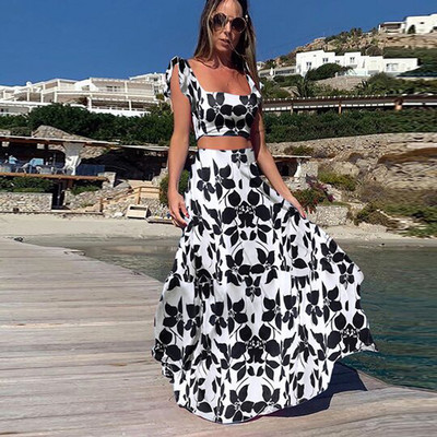 Nagy méretű nyári 2 részes szett női Crop top + magas derekú hosszú szoknya szett Maxi illő szettek Nyomtatott Boho szexi strandruhák szett