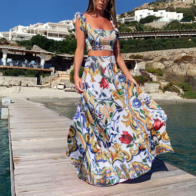 Nagy méretű nyári 2 részes szett női Crop top + magas derekú hosszú szoknya szett Maxi illő szettek Nyomtatott Boho szexi strandruhák szett