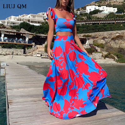 Nagy méretű nyári 2 részes szett női Crop top + magas derekú hosszú szoknya szett Maxi illő szettek Nyomtatott Boho szexi strandruhák szett