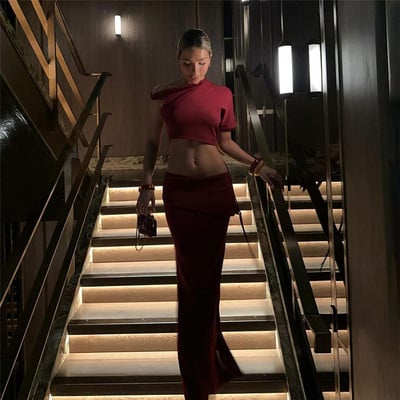 Kriptográfiai aszimmetrikus húzózsinóros 2 részes ruhakészletek Elegáns tavaszi ruhák nőknek, rövid ujjú felső és szoknya szett