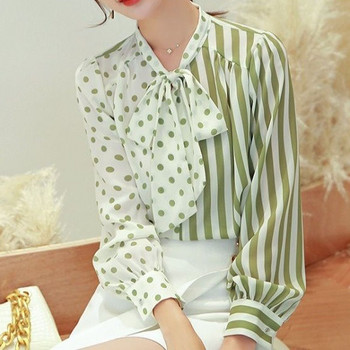 Нова модна тенденция за 2023 г. Дамска риза с дълги ръкави от шифон, подходяща за цвета, раирана панделка с панделка, универсален чар, ниша за дизайн