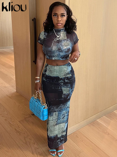 kliou Nyári, női, kétrészes ruhaszett, alkalmi vintage mintás, vágásos felsők+maxi csípőszoknya, hozzáillő ruha, lány, karcsú csípő ruha