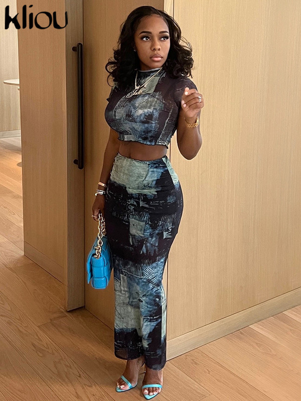 kliou Nyári, női, kétrészes ruhaszett, alkalmi vintage mintás, vágásos felsők+maxi csípőszoknya, hozzáillő ruha, lány, karcsú csípő ruha