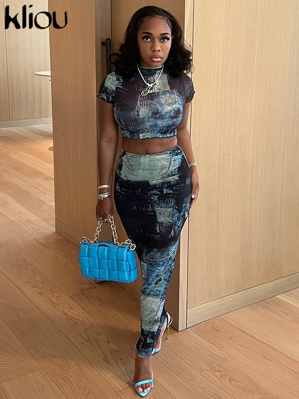 kliou Nyári, női, kétrészes ruhaszett, alkalmi vintage mintás, vágásos felsők+maxi csípőszoknya, hozzáillő ruha, lány, karcsú csípő ruha