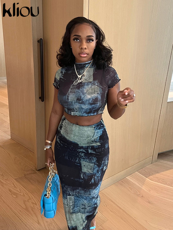 kliou Nyári, női, kétrészes ruhaszett, alkalmi vintage mintás, vágásos felsők+maxi csípőszoknya, hozzáillő ruha, lány, karcsú csípő ruha