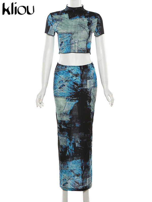 kliou Nyári, női, kétrészes ruhaszett, alkalmi vintage mintás, vágásos felsők+maxi csípőszoknya, hozzáillő ruha, lány, karcsú csípő ruha