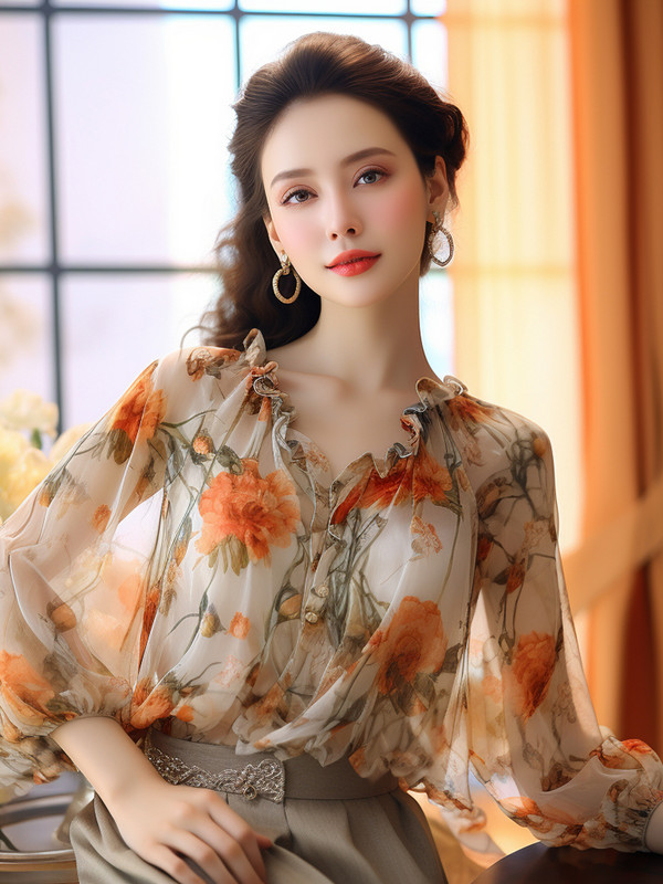 Sifon női ing Tavaszi/nyári Vintage Prints Blúzok Bő fodrok Női felsők V-nyakú Divat Ruházat YCMYUNYAN