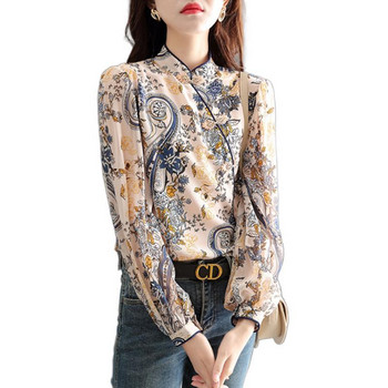 Пролет, есен, щампа с дълъг ръкав, шик, тенденция в китайски стил, блузи с копчета 2023 г. Нови дамски дрехи, горнища, универсална тениска