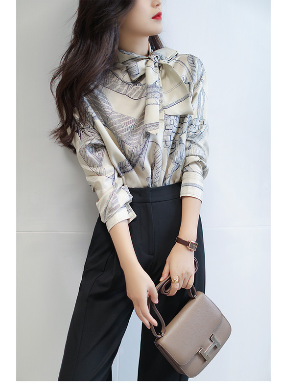 Modes luksusa sieviešu krekls Francijas stila sieviete apdruka blūze Pavasaris Rudens Garās piedurknes Topi blusa Mujer