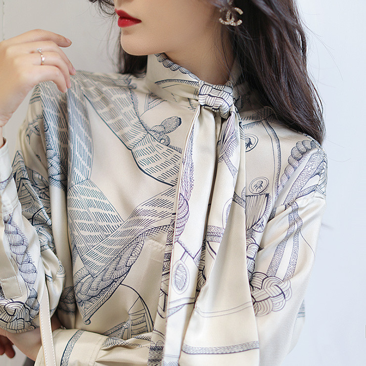 Modes luksusa sieviešu krekls Francijas stila sieviete apdruka blūze Pavasaris Rudens Garās piedurknes Topi blusa Mujer