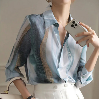Риза с копчета, дамска елегантна блуза, ретро принт, шик, луксозно дизайнерско облекло, корейска мода, горнища с дълъг ръкав лято 2024 г.