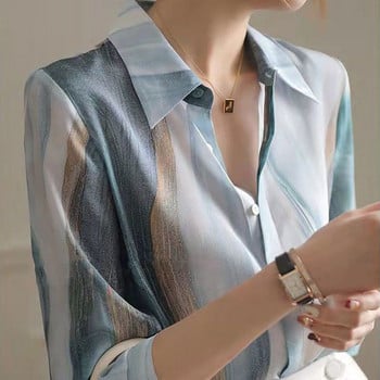 Риза с копчета, дамска елегантна блуза, ретро принт, шик, луксозно дизайнерско облекло, корейска мода, горнища с дълъг ръкав лято 2024 г.