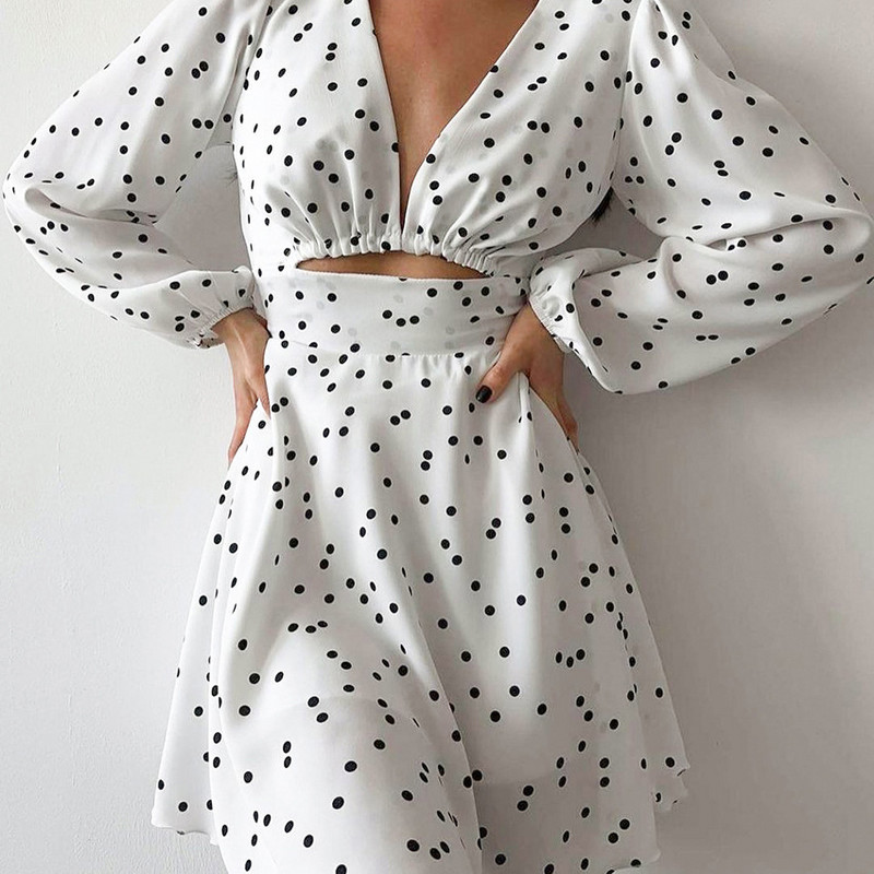 Vasaras sieviešu kleita ar garām piedurknēm ar punktveida apdruku ar V veida kakla izgriezumu, dobām piedurknēm ar temperamentu, šauri pieguļoši ziedu svārki sievietēm, 2024