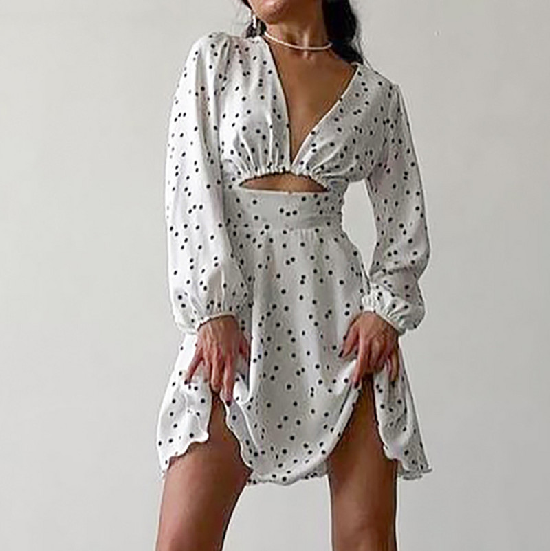 Vasaras sieviešu kleita ar garām piedurknēm ar punktveida apdruku ar V veida kakla izgriezumu, dobām piedurknēm ar temperamentu, šauri pieguļoši ziedu svārki sievietēm, 2024