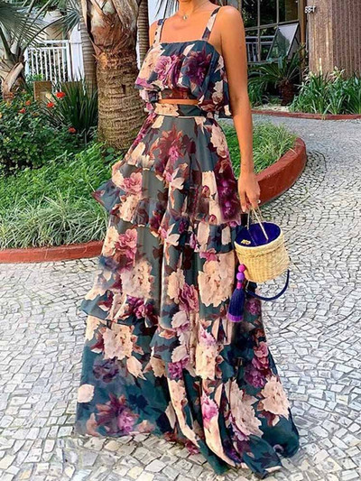 2023 női kétrészes strandruházat elegáns fodros ujjú strandruhák levélmintás fehér hosszú ruha magas derekú Bodycon Vestidos