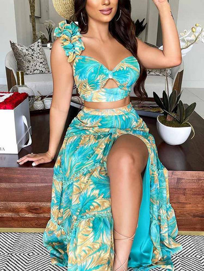 2023 női kétrészes strandruházat elegáns fodros ujjú strandruhák levélmintás fehér hosszú ruha magas derekú Bodycon Vestidos