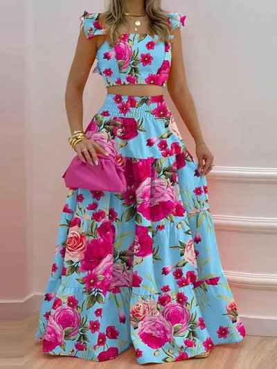 2023 női kétrészes strandruházat elegáns fodros ujjú strandruhák levélmintás fehér hosszú ruha magas derekú Bodycon Vestidos