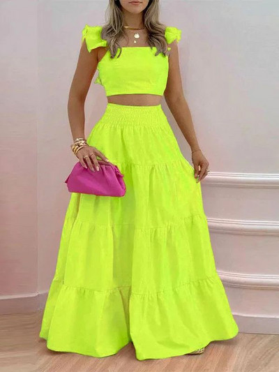 2023 női kétrészes strandruházat elegáns fodros ujjú strandruhák levélmintás fehér hosszú ruha magas derekú Bodycon Vestidos