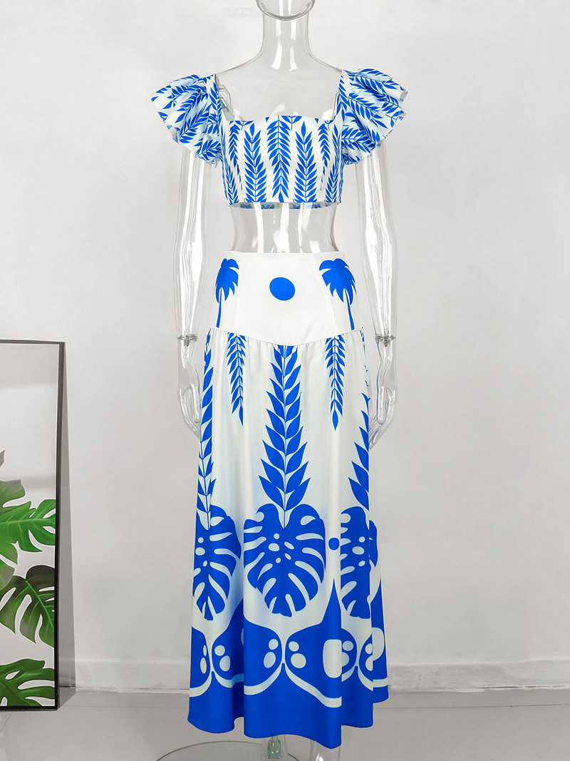 2023 női kétrészes strandruházat elegáns fodros ujjú strandruhák levélmintás fehér hosszú ruha magas derekú Bodycon Vestidos