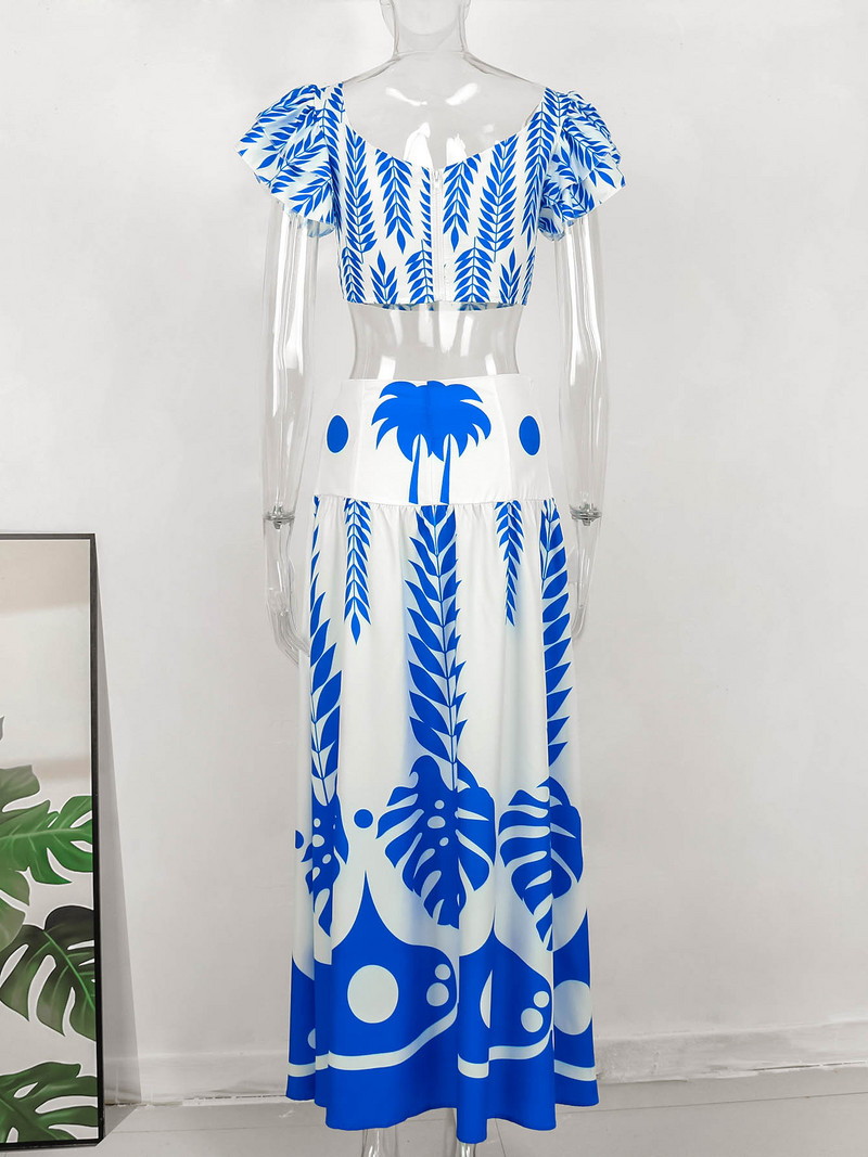 2023 női kétrészes strandruházat elegáns fodros ujjú strandruhák levélmintás fehér hosszú ruha magas derekú Bodycon Vestidos