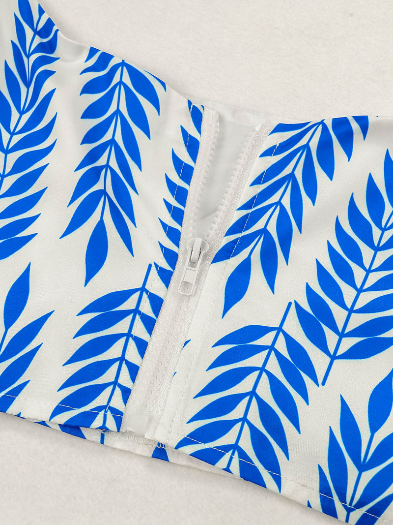 2023 női kétrészes strandruházat elegáns fodros ujjú strandruhák levélmintás fehér hosszú ruha magas derekú Bodycon Vestidos