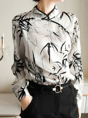 Cheongsam Модни дамски блузи с копчета с дълъг ръкав 2022 Лято 2022 г. Топ в китайски стил Винтидж Елегантна тънка офис дамска риза