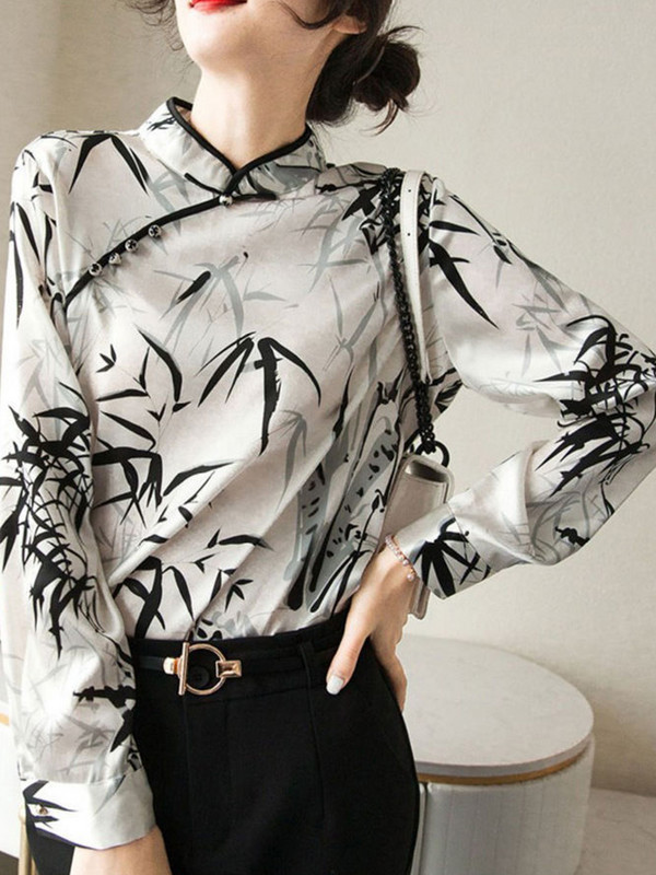 Cheongsam apdruka ar garām piedurknēm Modes sieviešu blūzes ar pogām 2022. gada vasaras ķīniešu stila tops vintage, elegants, plāns biroja sieviešu krekls