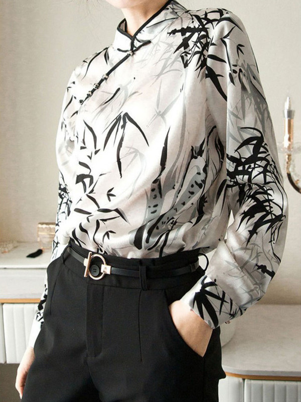 Cheongsam apdruka ar garām piedurknēm Modes sieviešu blūzes ar pogām 2022. gada vasaras ķīniešu stila tops vintage, elegants, plāns biroja sieviešu krekls