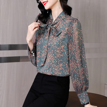 Щамповани свободни шифонени ризи за жени Елегантни дамски блузи с яка и папионка с ръкав-фенер Ежедневни дамски блузи Корейска мода Ежедневни топове