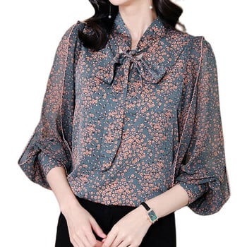 Щамповани свободни шифонени ризи за жени Елегантни дамски блузи с яка и папионка с ръкав-фенер Ежедневни дамски блузи Корейска мода Ежедневни топове