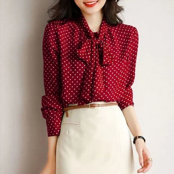 2023 Пролет Есен Нова блуза с шал яка с дълъг ръкав Женска жилетка с щампа на точки Модна елегантна тънка риза