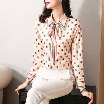 Дамска шикозна блуза с връзки Пролет Есен Елегантна мода Свободни щамповани шифонени ризи Дамски прости универсални горнища