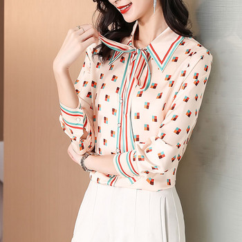 Дамска шикозна блуза с връзки Пролет Есен Елегантна мода Свободни щамповани шифонени ризи Дамски прости универсални горнища