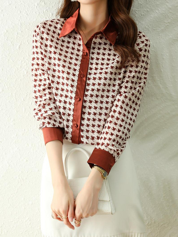 2024 nyári ing Új divat Alkalmi hajtóka Kontraszt színű felső Houndstooth mintás szatén hosszú ujjú blúz