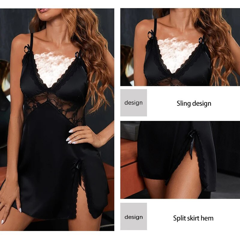 Női nyári csipke patchwork szatén selyem szexi szuszpenzió V-nyakú karcsú szabású hasított masni dekoráció női ruha pizsama