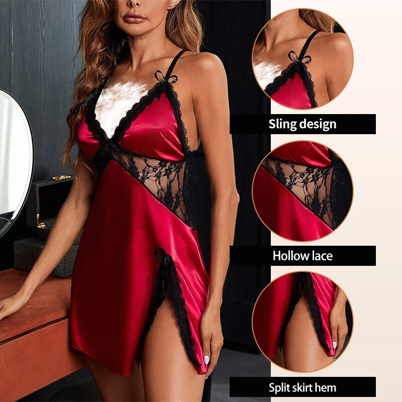 Női nyári csipke patchwork szatén selyem szexi szuszpenzió V-nyakú karcsú szabású hasított masni dekoráció női ruha pizsama