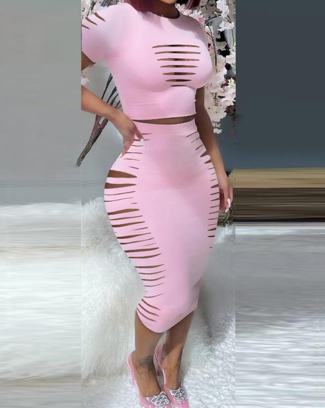 2 részes szettek női ruha 2023 nyári divat létra kivágás rövid ujjú kerek nyakú Sima felső alkalmi vékony szoknya Kétrészes ruha