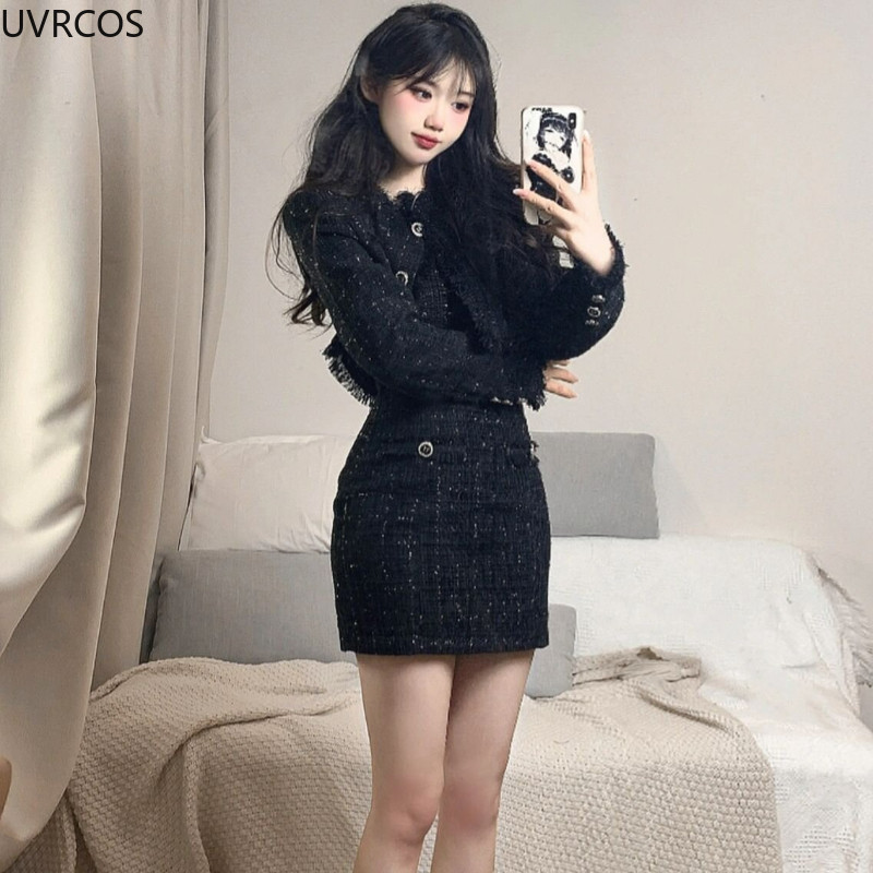 Melns korejiešu stila retro elegants divdaļīgs komplekts sievietēm modes pušķi Īsas jakas ikdienišķa siksna ballītei, mini kleita sievietēm Y2k uzvalks