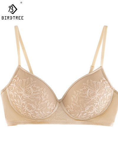 Birdtree 6A 100% Mulberry Silk Underwire Női Egyszerű Kényelmes Francia Csipke 3/4 Csésze Bőrbarát Lélegző Melltartó Új P3N060QD