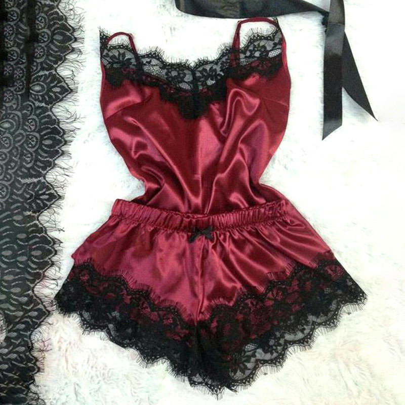 1 komplekt seksikaid naiste pidžaamadeta varrukateta pidžaama pitsiga satiinist camisole pidžaamakomplekti