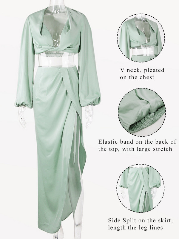 Kesiachiccly szatén magasan hasított, felfújható ujjú női kétrészes ruhakészletek szexi mély V nyakú felső és szoknya szett Vékony partiruházati öltönyök