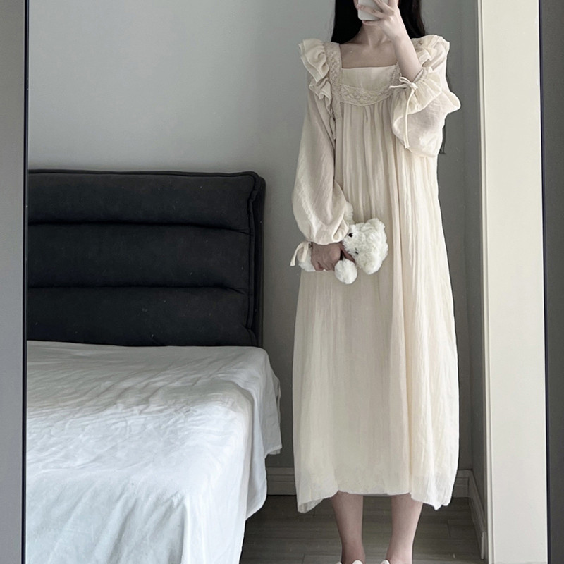 Cămașă de noapte din dantelă Lenjerie de dormit femei coreeană cu volane rochie de noapte de primăvară pijama dintr-o bucată mânecă lungă guler pătrat haine de acasă 2024 nou