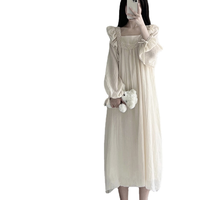 Cămașă de noapte din dantelă Lenjerie de dormit femei coreeană cu volane rochie de noapte de primăvară pijama dintr-o bucată mânecă lungă guler pătrat haine de acasă 2024 nou