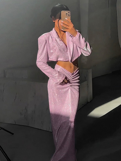 Sunny 2023 őszi elegáns buli szexi ruha kétrészes készletek női ruhák rózsaszín fényes vállvédő öltöny felső redőzött hosszú ruha