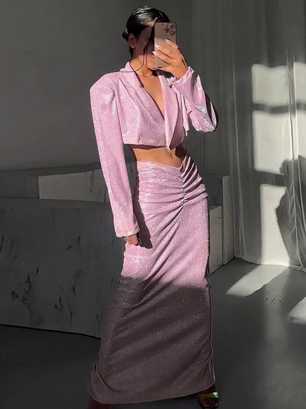 Sunny 2023 őszi elegáns buli szexi ruha kétrészes készletek női ruhák rózsaszín fényes vállvédő öltöny felső redőzött hosszú ruha
