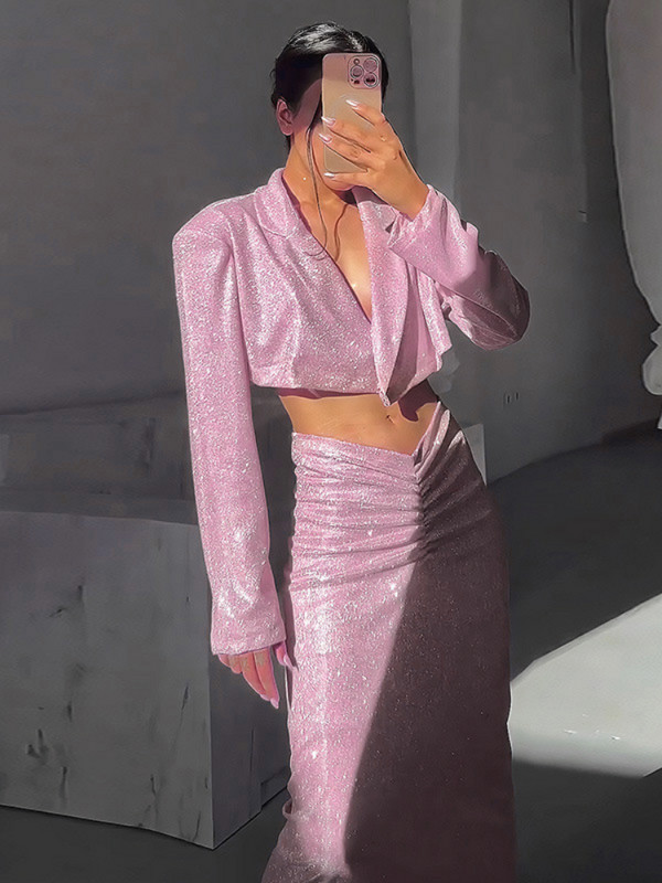 Sunny 2023 őszi elegáns buli szexi ruha kétrészes készletek női ruhák rózsaszín fényes vállvédő öltöny felső redőzött hosszú ruha