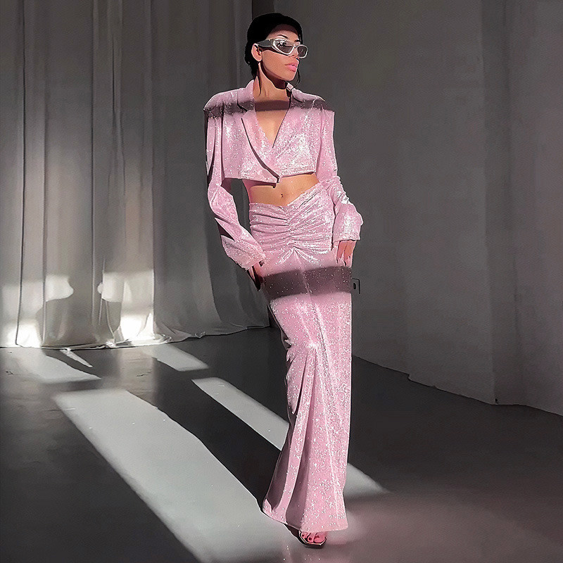 Sunny 2023 őszi elegáns buli szexi ruha kétrészes készletek női ruhák rózsaszín fényes vállvédő öltöny felső redőzött hosszú ruha